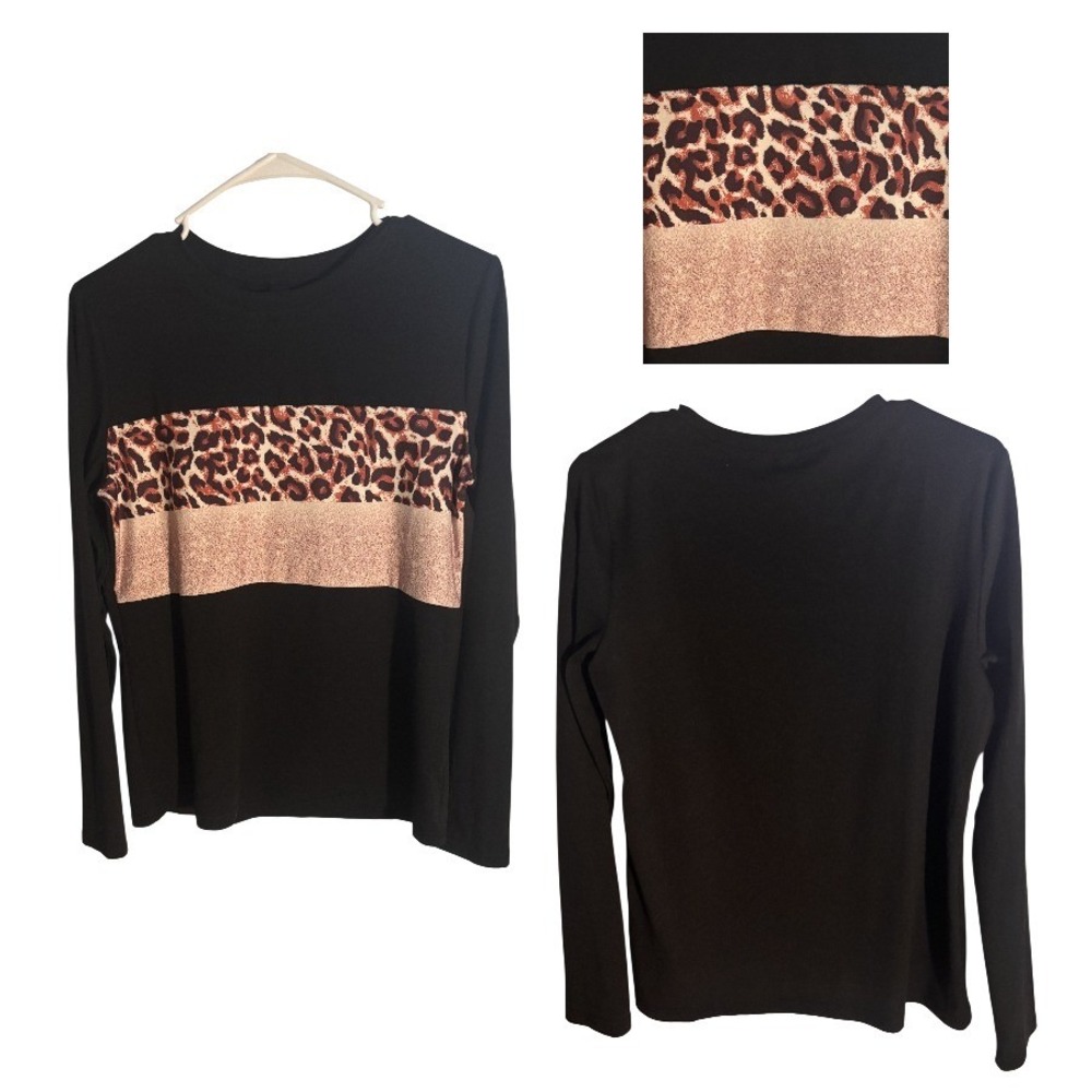 Ranlege Womens Black Leopard Print Ombre Long Sleeve Top S 4
